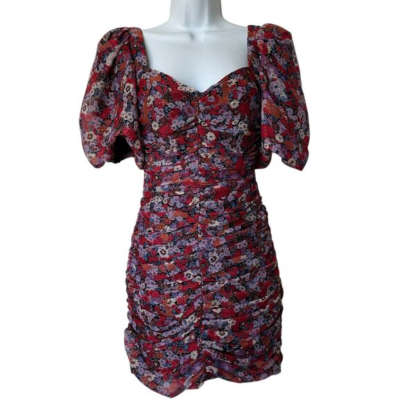 Zara XS Floral Print Puff Sleeve Ruched coquette feminine Mini Dress Blogger Fav - Picture 2 of 15